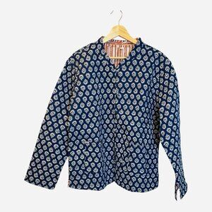 Kantha Blue Indigo Printed Cotton Jacket Size XL Reversible Handmade India Boho